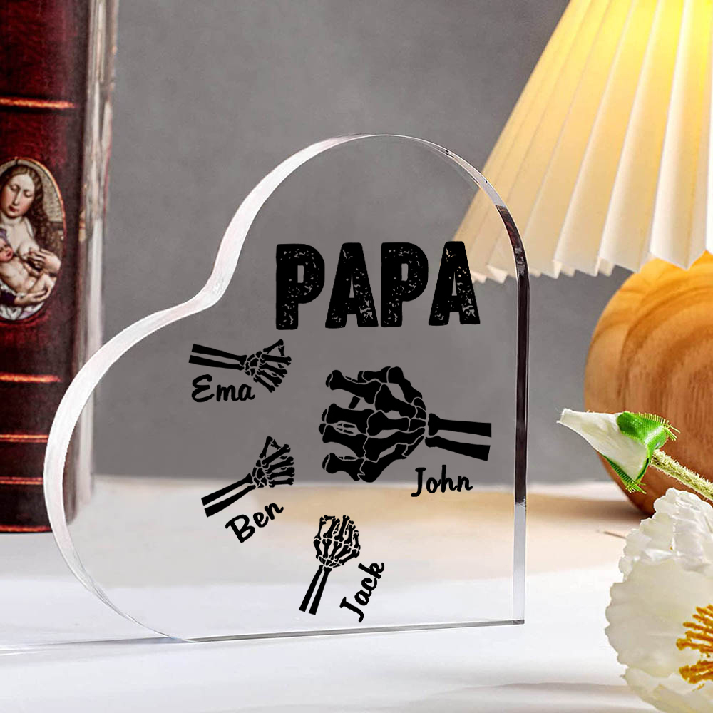 Personalisierte 4 Namen Acryl-Deko Papa Skelett Hand Schreibtischdekoration für Vater