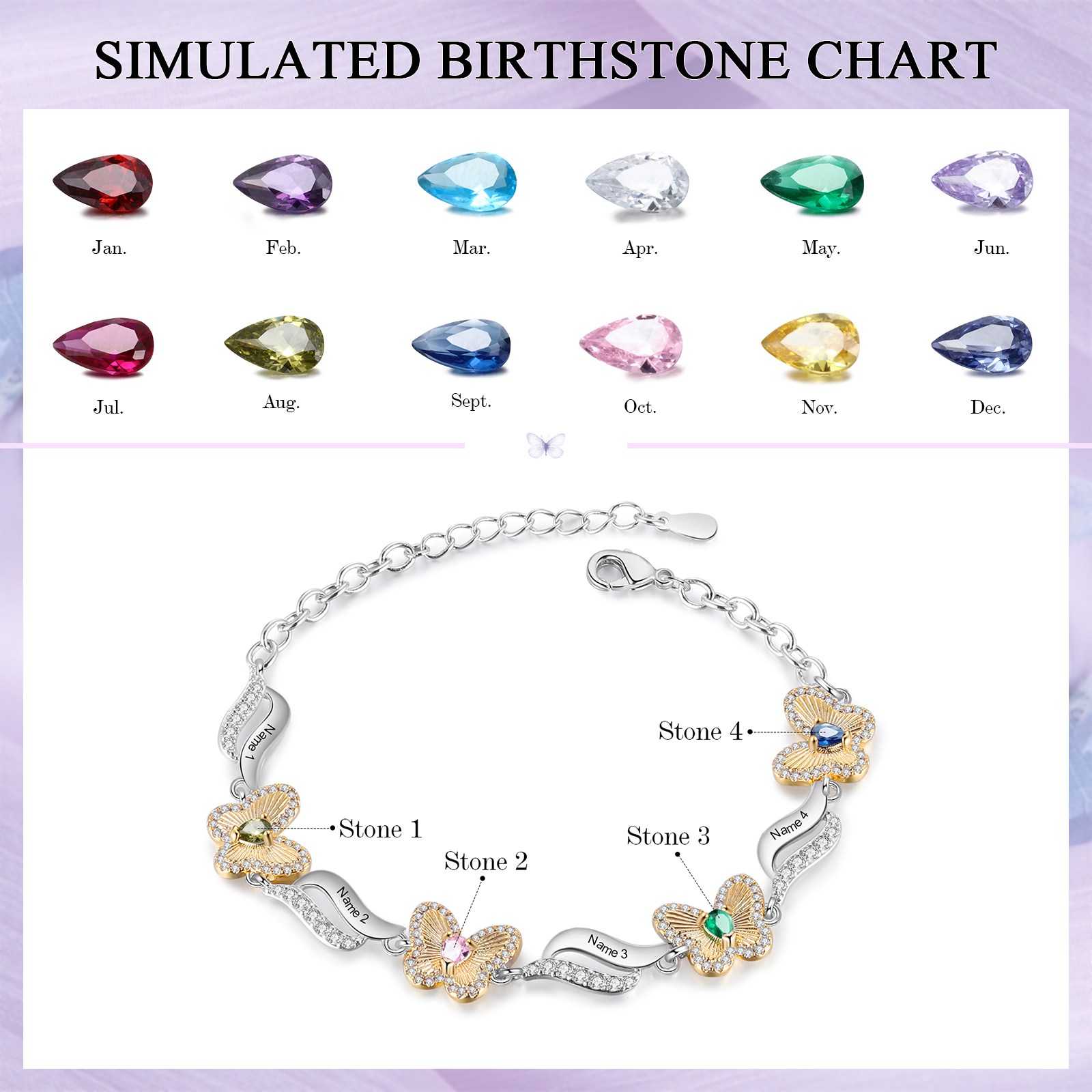 Personalisierte 4 Namen & 4 Geburtssteine Schmetterling Armband mit Zirkonia
