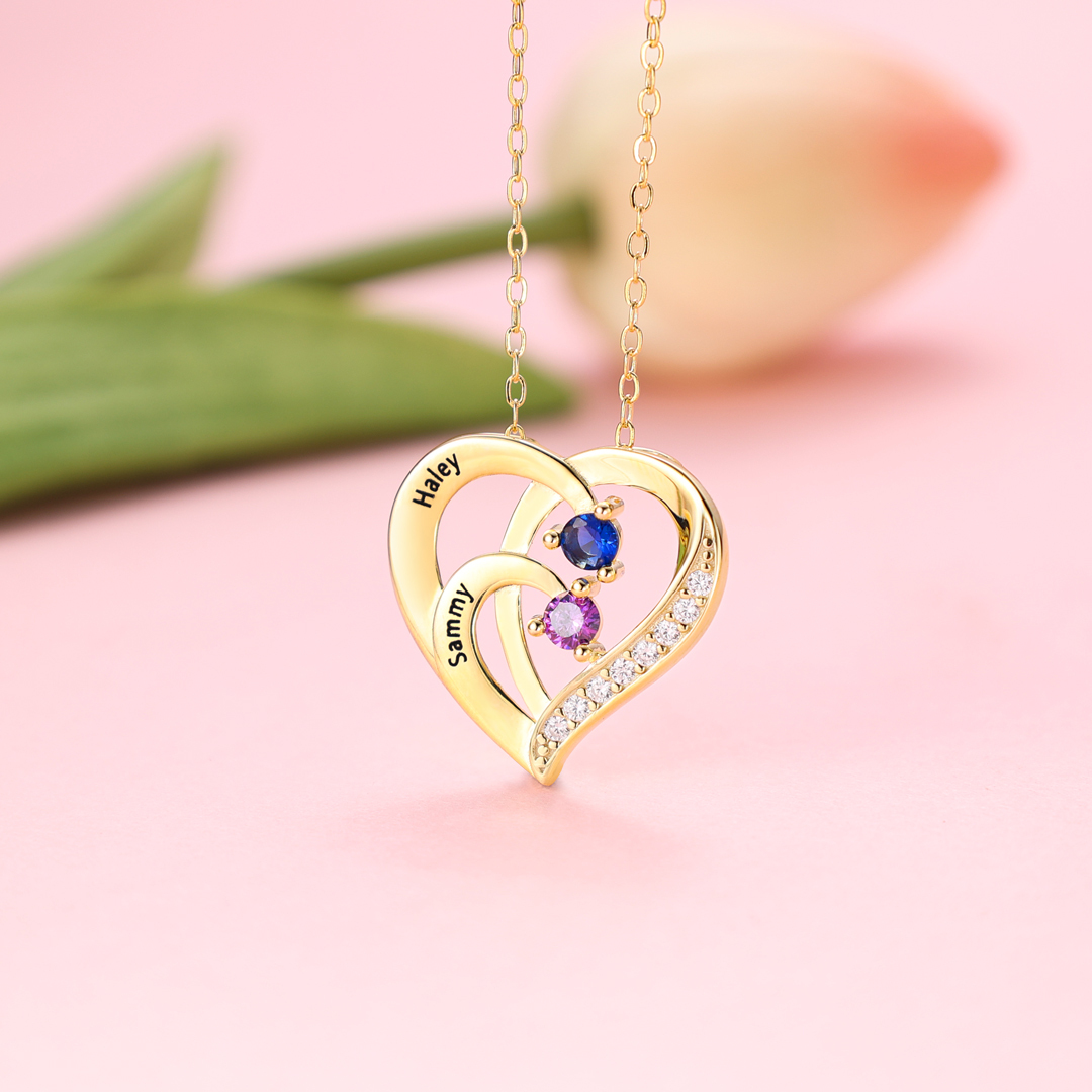 925 Sterling Silber Personalisierte 2 Namen Herz Halskette mit 2 Geburtssteinen