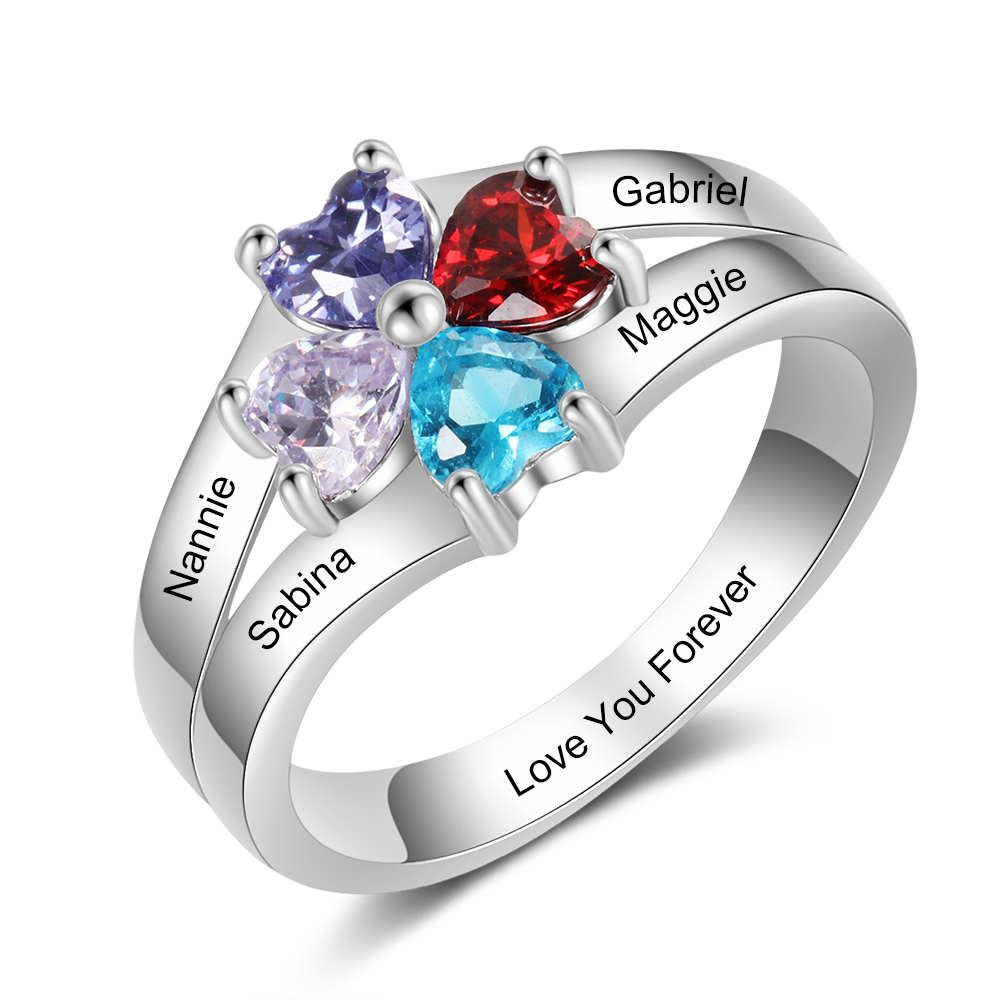 Personalisierte Mutter Ring mit 4 simulierten Geburtssteinen eingraviert 4 Namen Familienring Geschenk für Mama