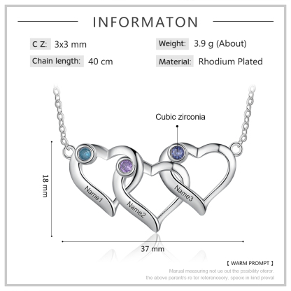 Personalisierte herzförmige Halskette, geschnitzt mit 3 Namen und 3 Geburtstagssteinen