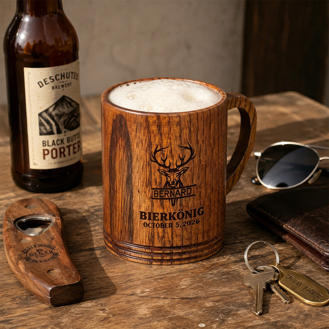 Personalisierter Bierkrug aus Holz mit Namen und Initialen Geschenk für Papa Bierliebhaber und Grillmeister