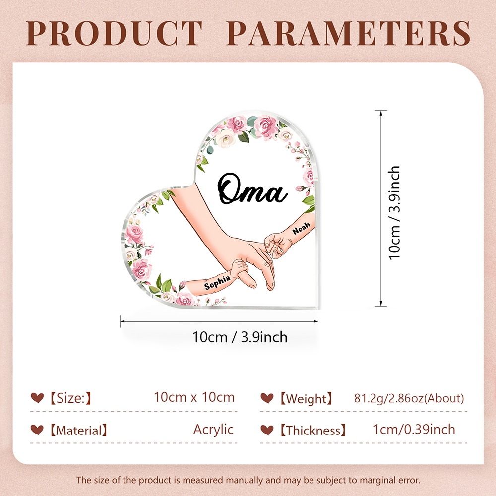 Personalisierte 2 Namen & Text Hand in Hand Acryl-Deko-Schreibtischdekoration für Großmutter