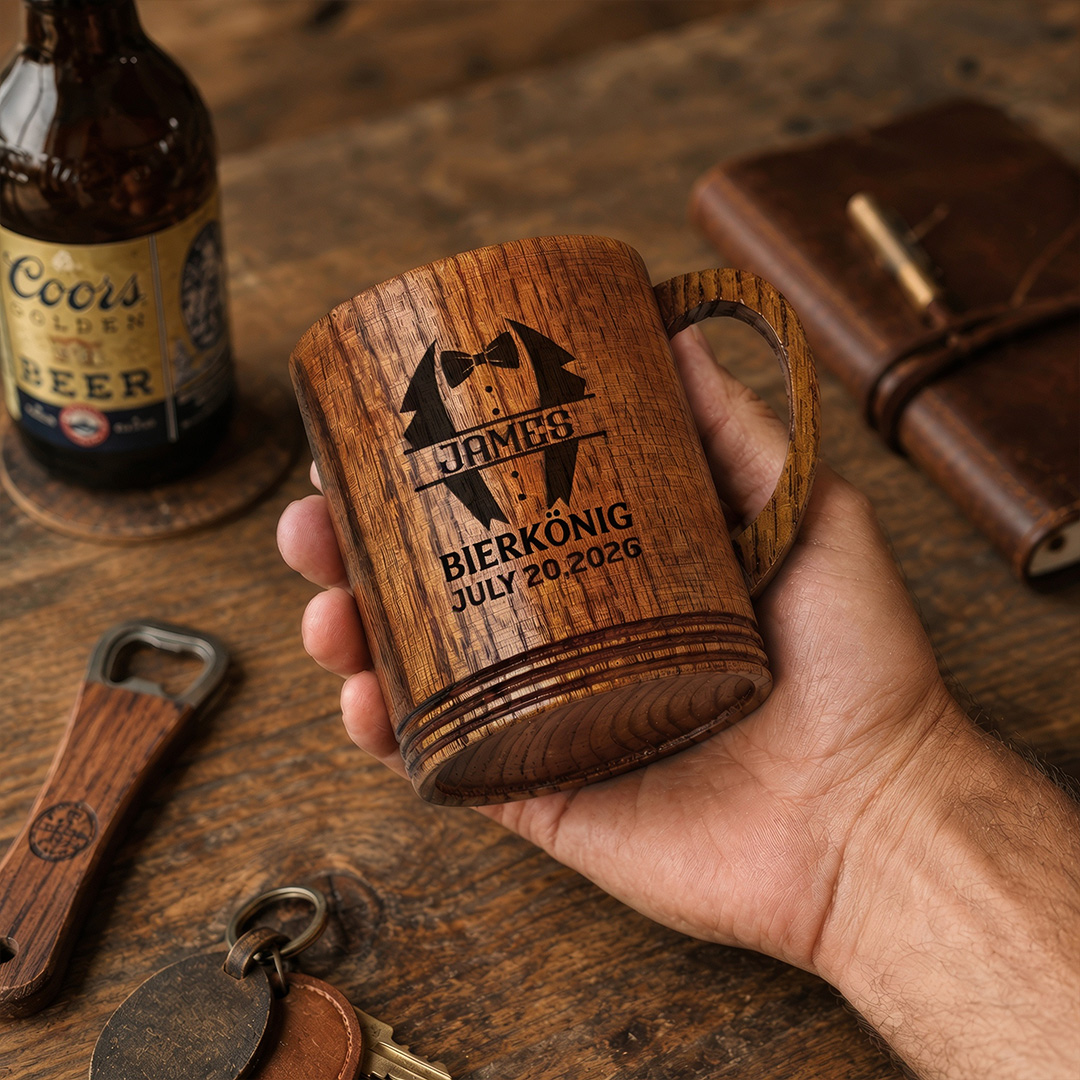 Personalisierter Bierkrug aus Holz mit Namen und Initialen Geschenk für Papa Bierliebhaber und Grillmeister