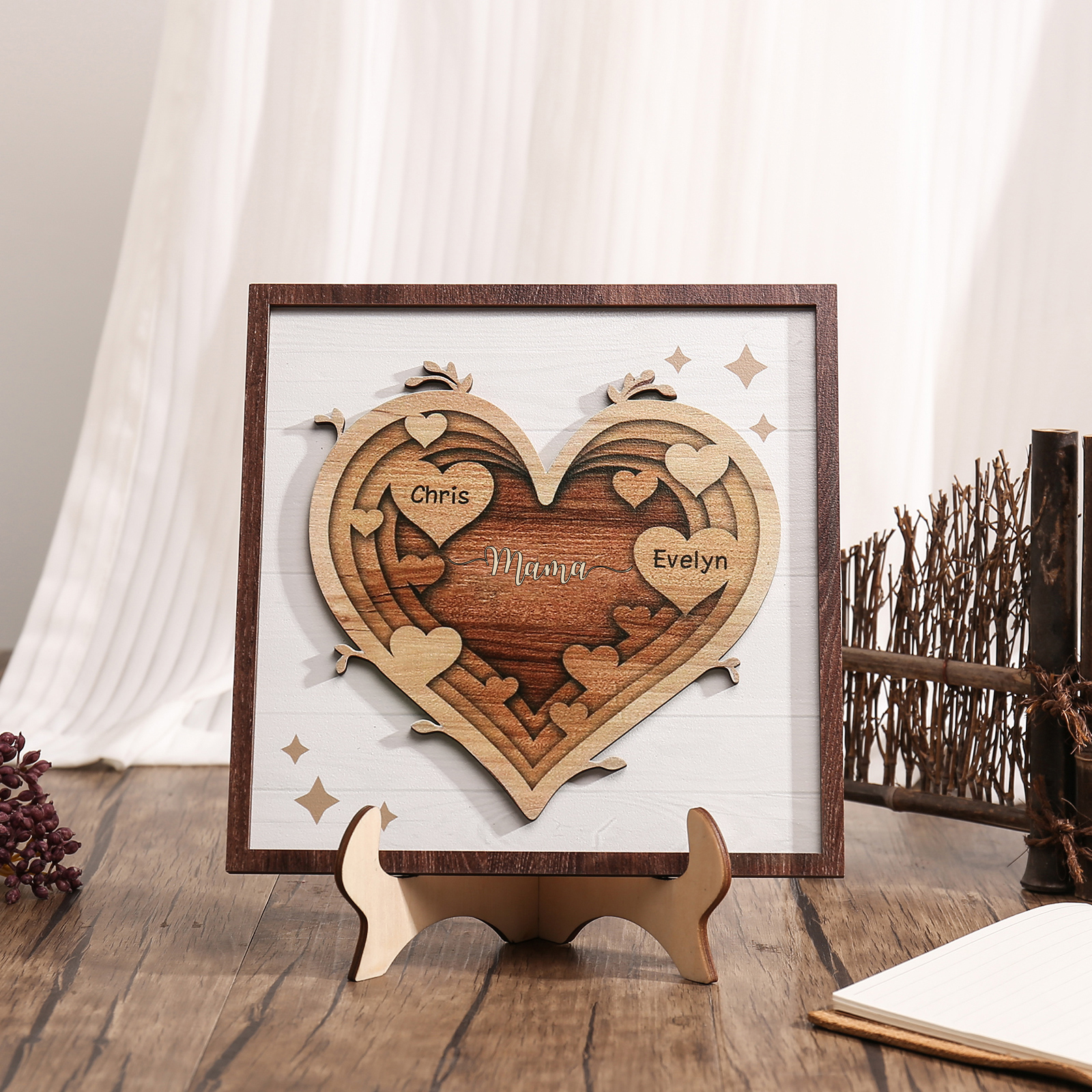 Holz Deko-Personalisierbare 2 Namen Ornament Mama Herz Holzdekoration für Mutter