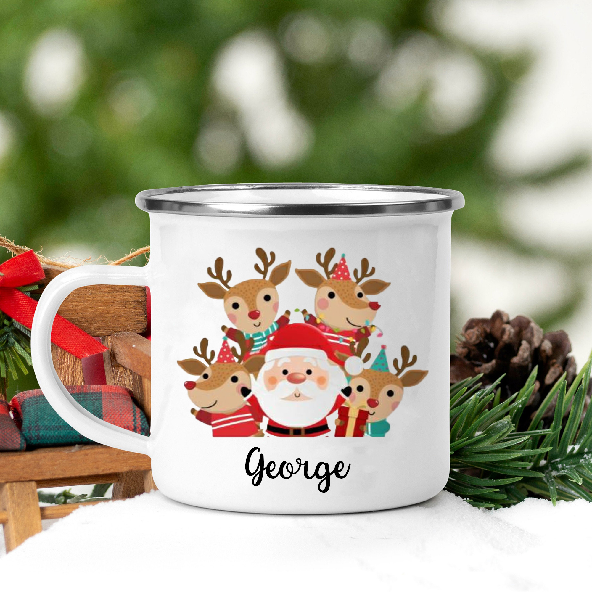 Emaille Tasse-Personalisierter 1 Name Weihnachtsmann & Hirsch Weihnachts-Emaille Becher