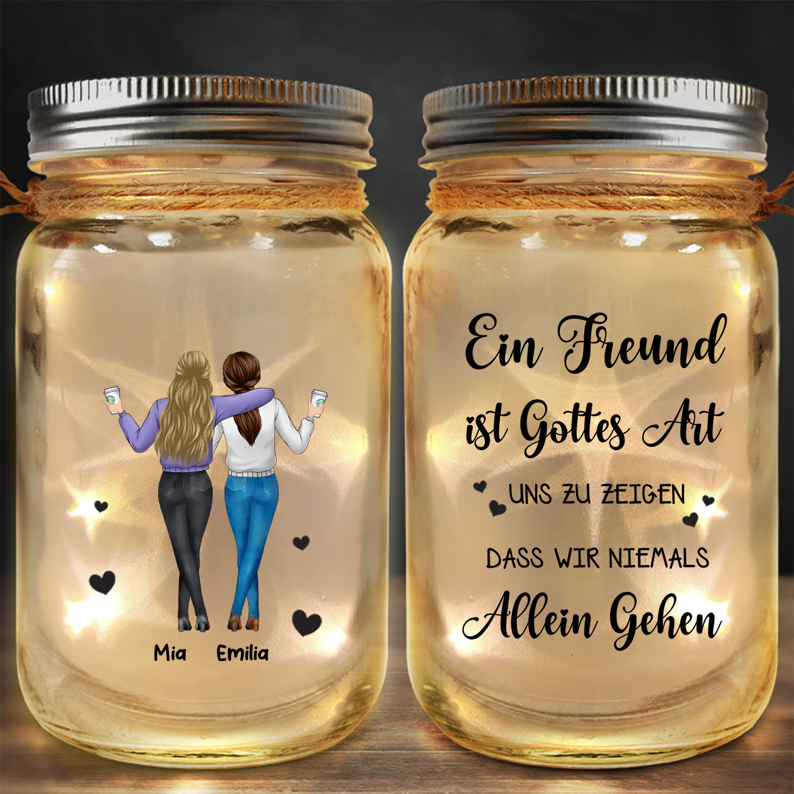 Personalisiertes LED-Leuchtglas mit Namen & Datum für die beste Freundin, Seelenschwester oder Kollegin