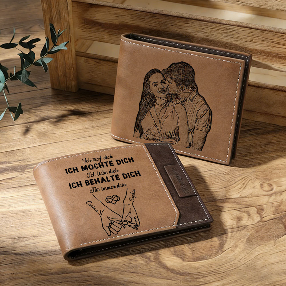 Personalisierte Herren-Ledergeldbörse mit Foto-Gravur und zwei Namen, zweifach klappbar