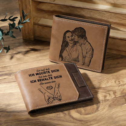 Personalisierte Herren-Ledergeldbörse mit Foto-Gravur und zwei Namen, zweifach klappbar