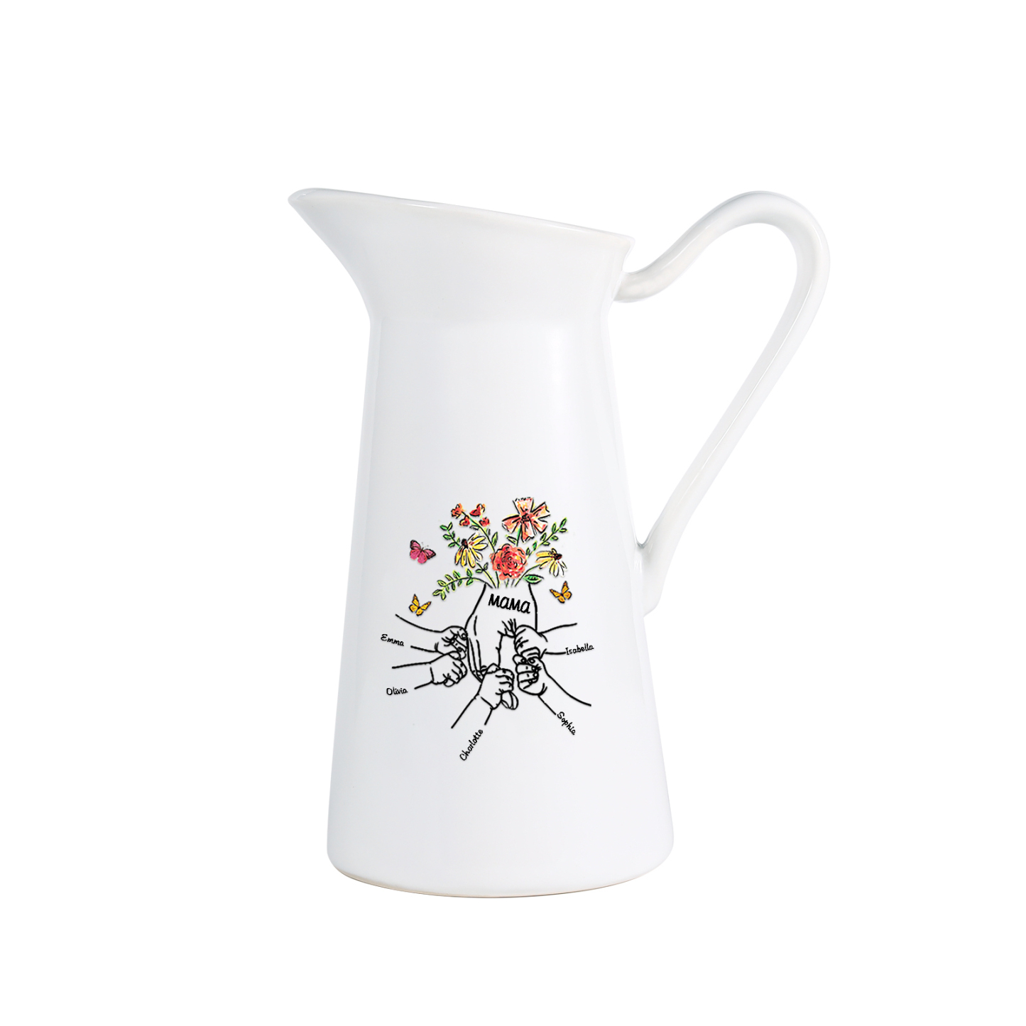 Personalisierte 5 Namen & Text Blumen Hand Gießvase mit Henkel Familie Vase