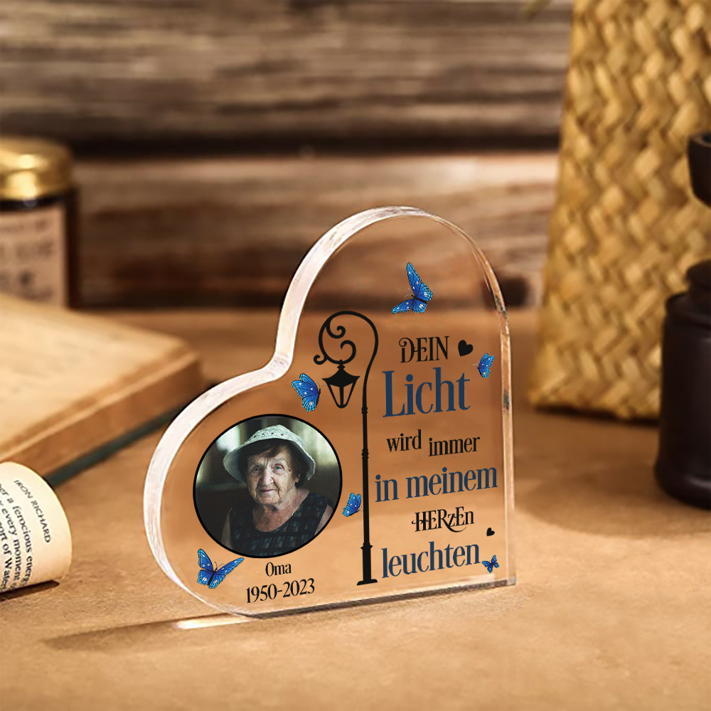Personalisierter Name & Jahr & Foto Acryl-Deko-Dein Licht wird immer in meinem Herzen leuchten-Trauer Schreibtischdekoration