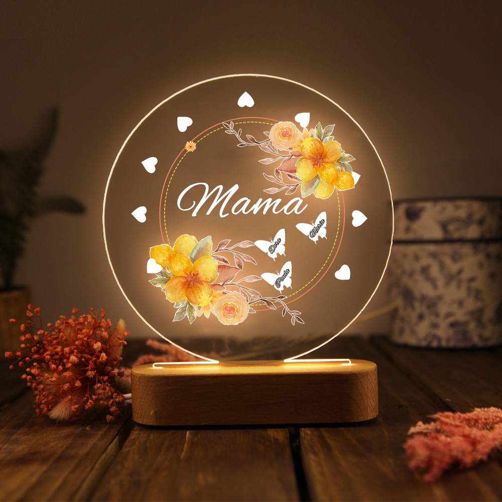 Personalisierte 3 Namen & Text Blume & Schmetterling Familie Nachtlicht Geschenk für Großmutter/Mutter zum Muttertag