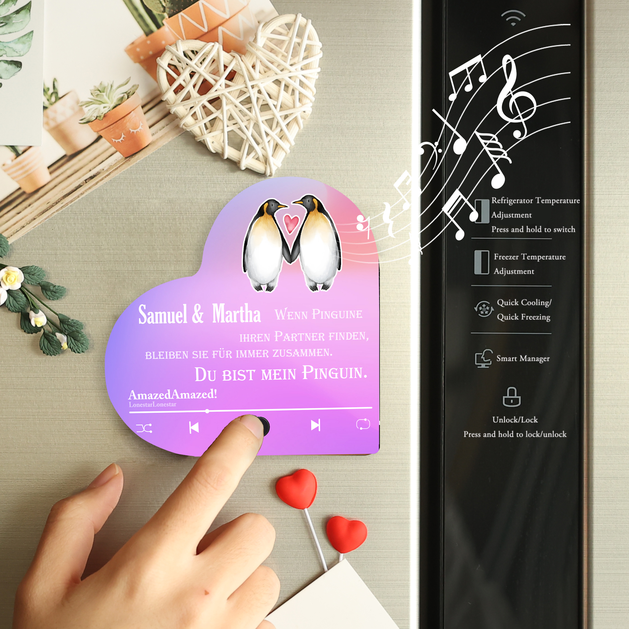 Herz Personalisiertes Lied &2 Namen Kühlschrankmagnet mit Musikfunktion Du bist mein Pinguin Geschenk für Paare