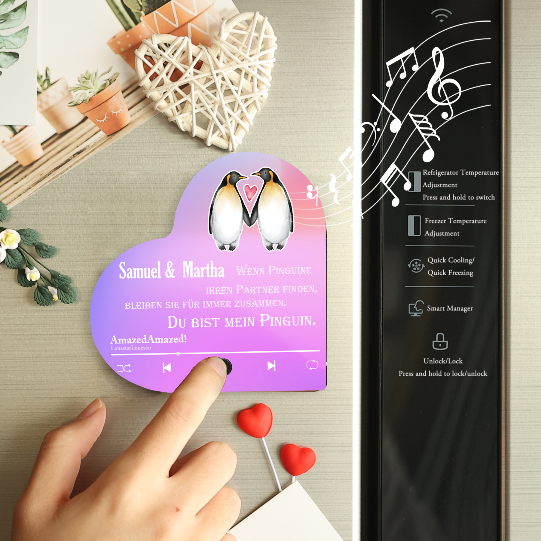 Herz Personalisiertes Lied &2 Namen Kühlschrankmagnet mit Musikfunktion Du bist mein Pinguin Geschenk für Paare