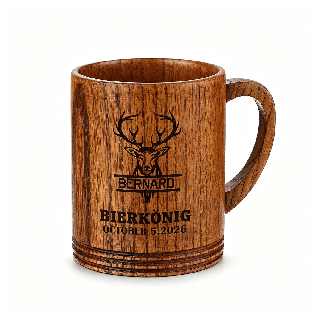 Personalisierter Bierkrug aus Holz mit Namen, Initialen und Datum – originelles Geschenk für Papa, Opa, Bierliebhaber oder Grillmeister zum Geburtstag, Vatertag und Ruhestand | Kettenmachen