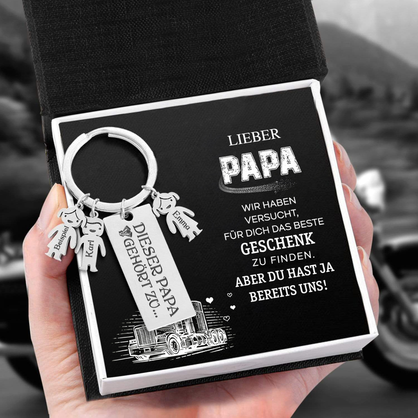 Personalisierter 3 Kinder Namen Schlüsselanhänger- Lieber Papa-Geschenk mit Nachrichtenkarte
