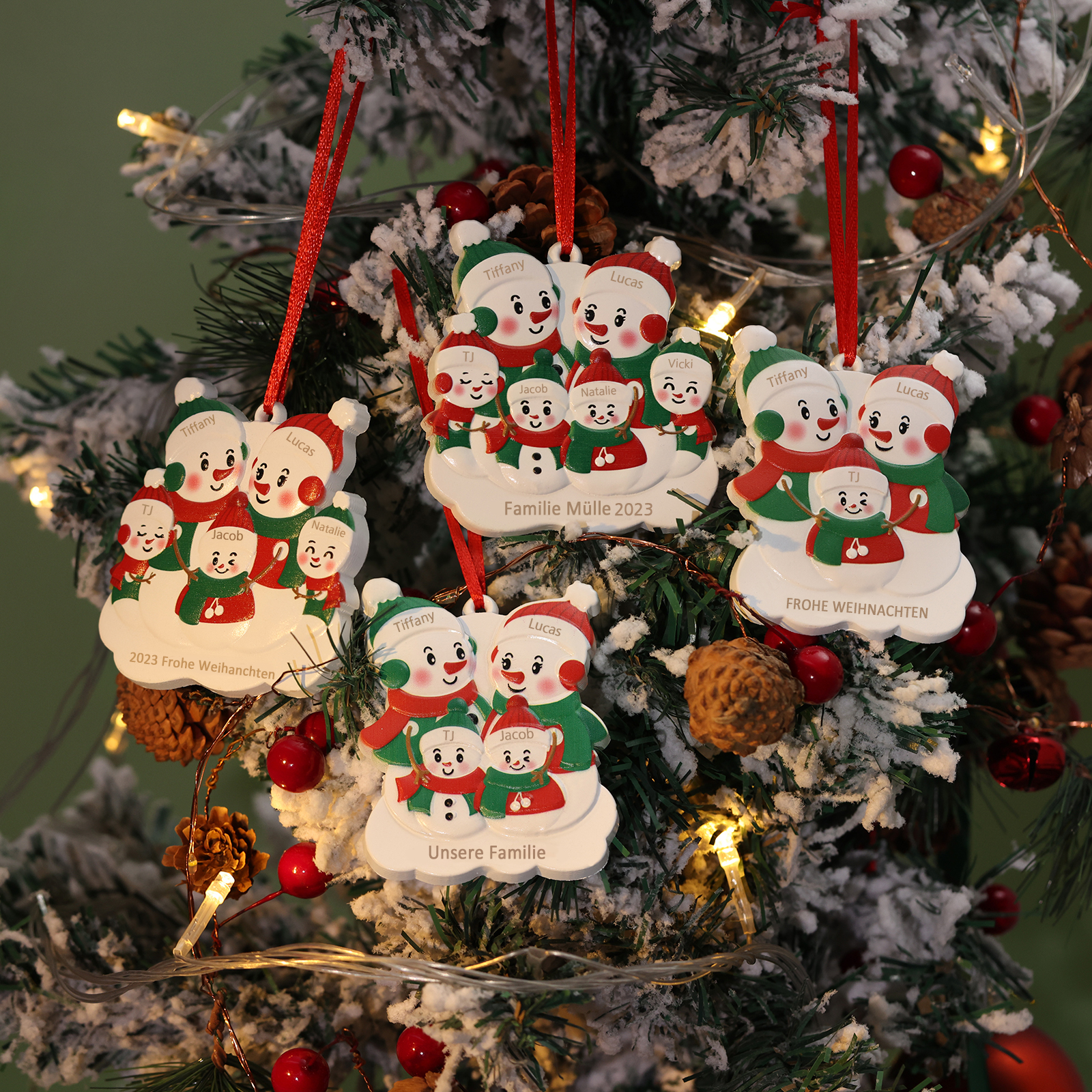Harz Personalisierte 5 Namen & Text Schneemann Weihnachtsornament Weihnachtsbaum Anhänger mit 5 Familienmitgliedern