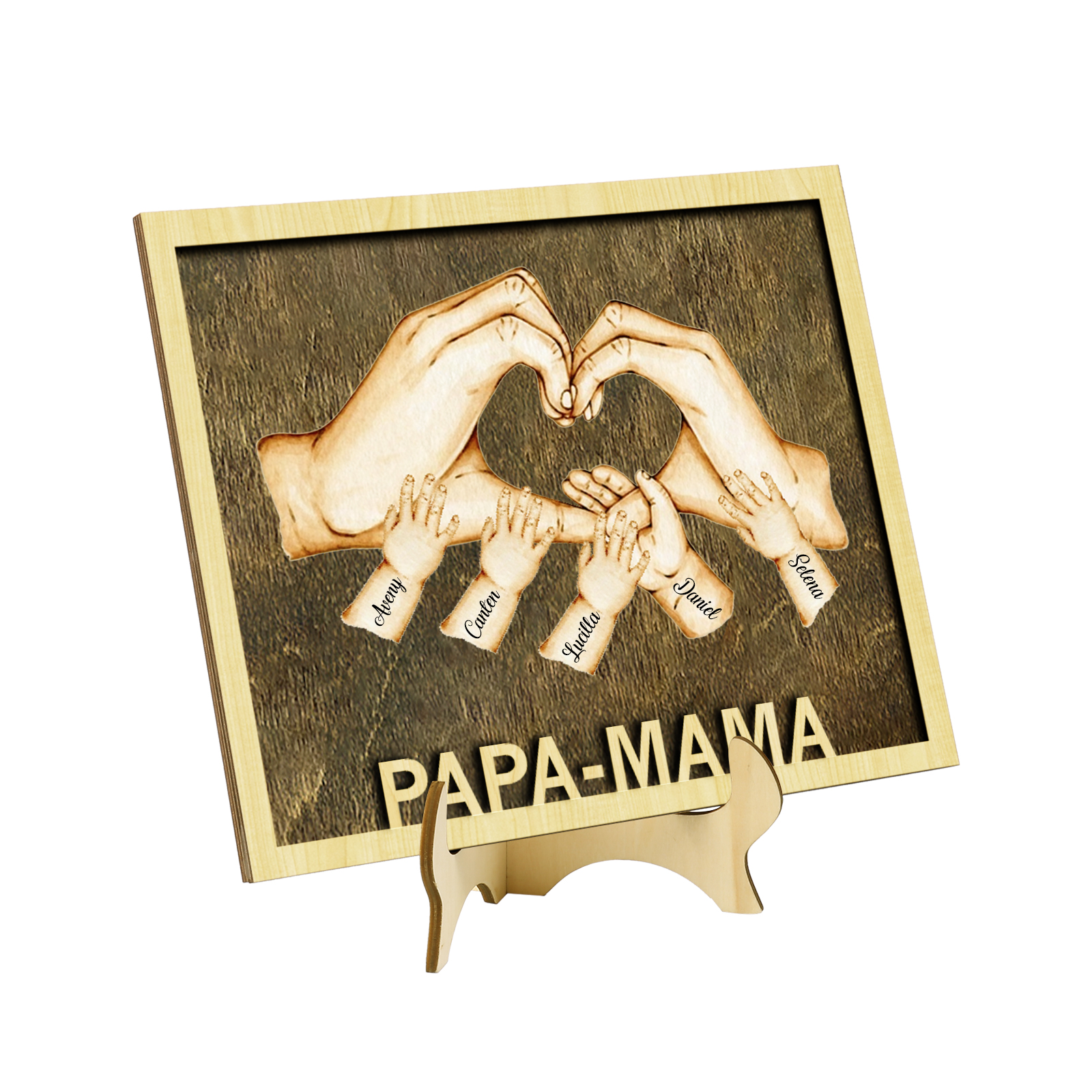 PAPA-MAMA Holz Deko-Personalisierbare 5 Namen Ornament Familie Hand in Hand Holzdekoration für Eltern