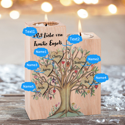 Personalisierte 5 Namen & 2 Texte Herz Familienbaum Kerzenhalter-Familie Thema