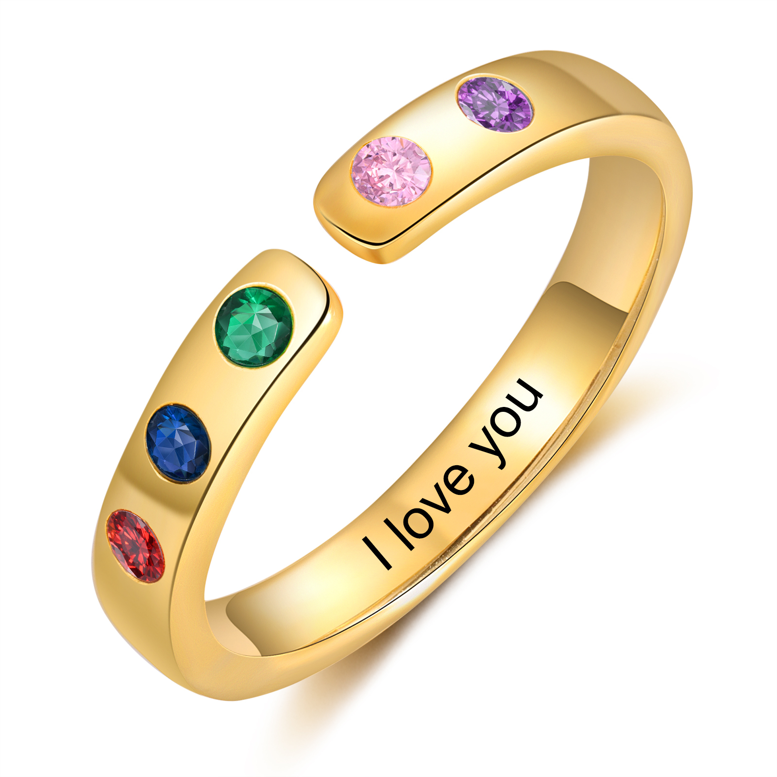 Personalisierte 5 Geburtssteine & Text Golden Offener Ring