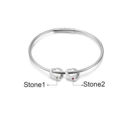 Personalisierter 2 Namen & 2 Geburtssteinen Silbernes Herz-Anhänger-Armband & Herz Halskette Geschenkset