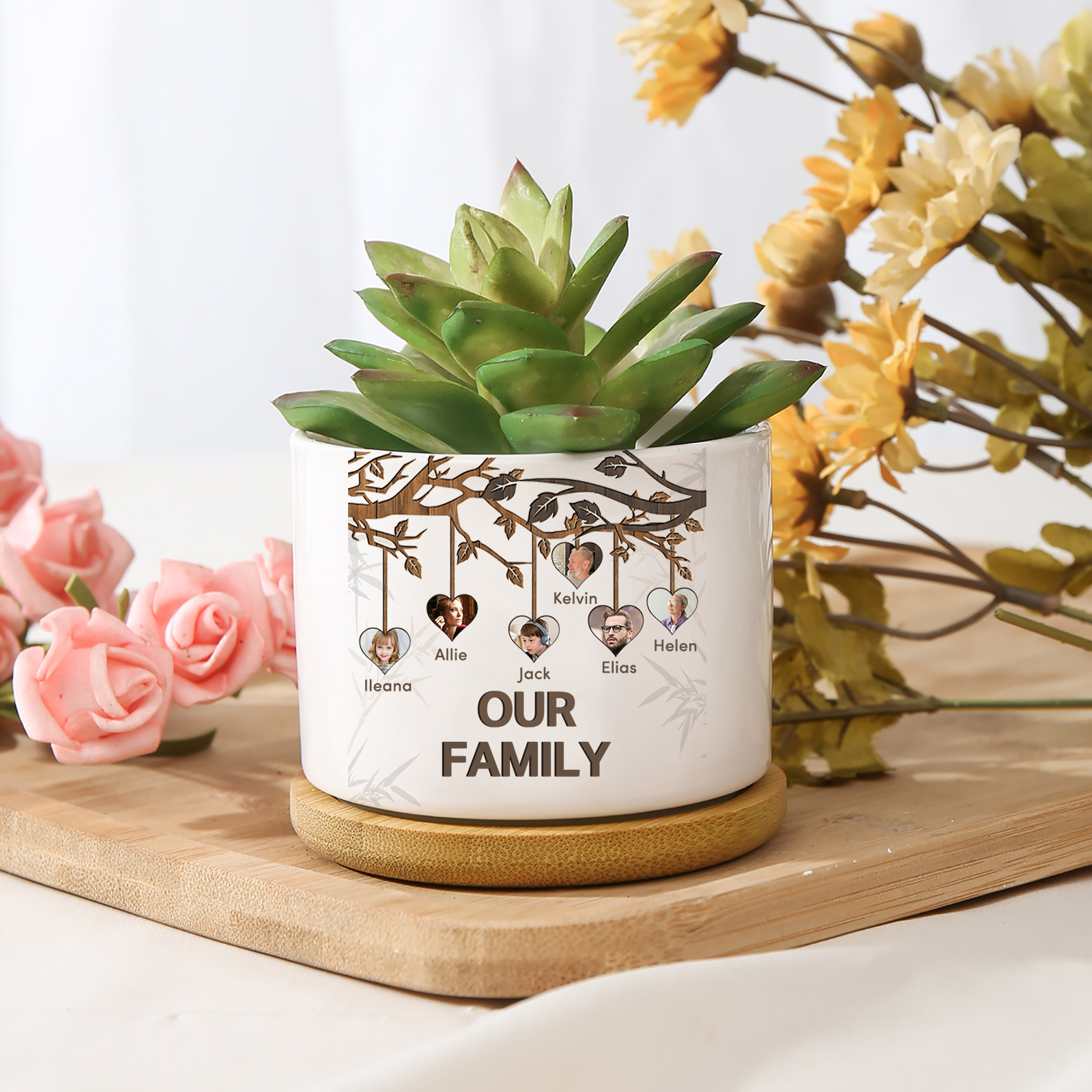 Personalisierbarer Text & 6 Fotos Familienbaum Familie Blumentopf