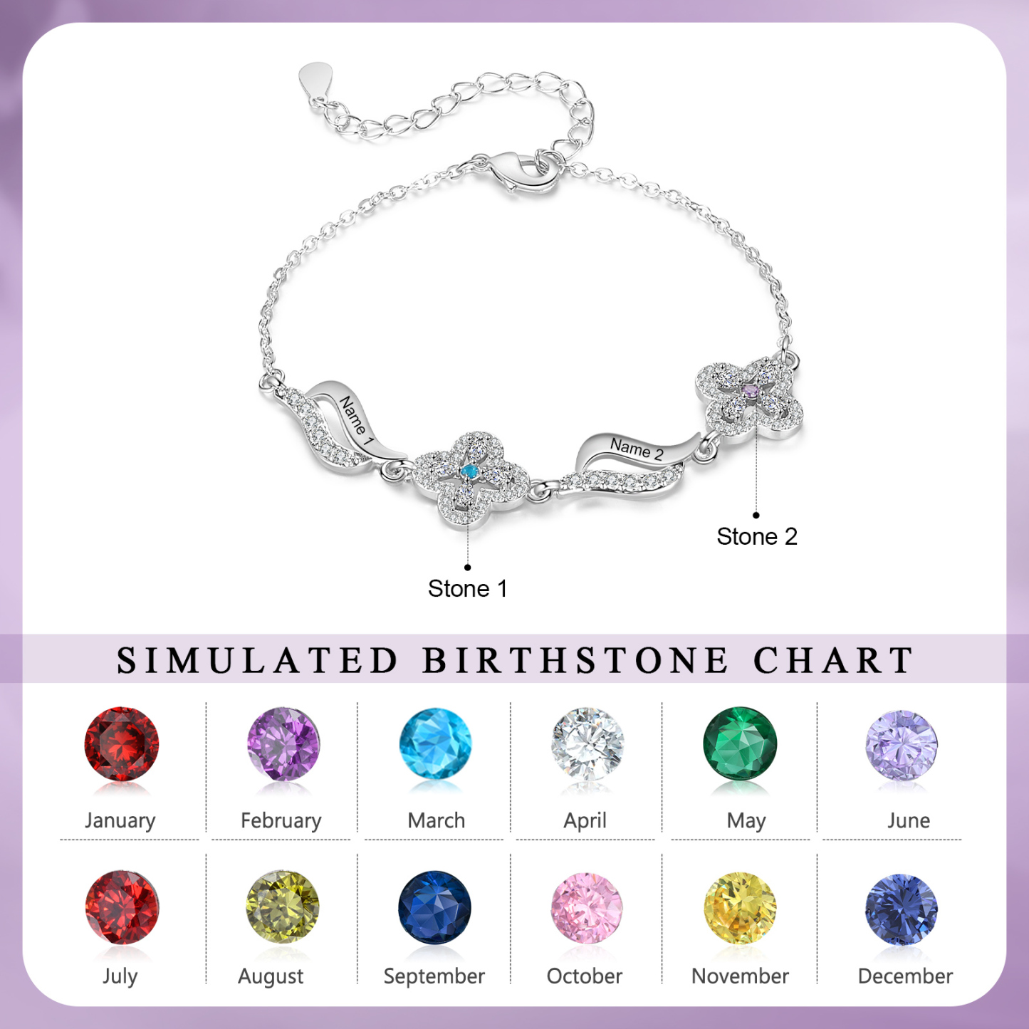 Personalisierte 2 Namen & 2 Geburtssteine Blume Welle Armband mit Zirkonia