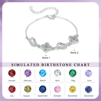 Personalisierte 2 Namen & 2 Geburtssteine Blume Welle Armband mit Zirkonia