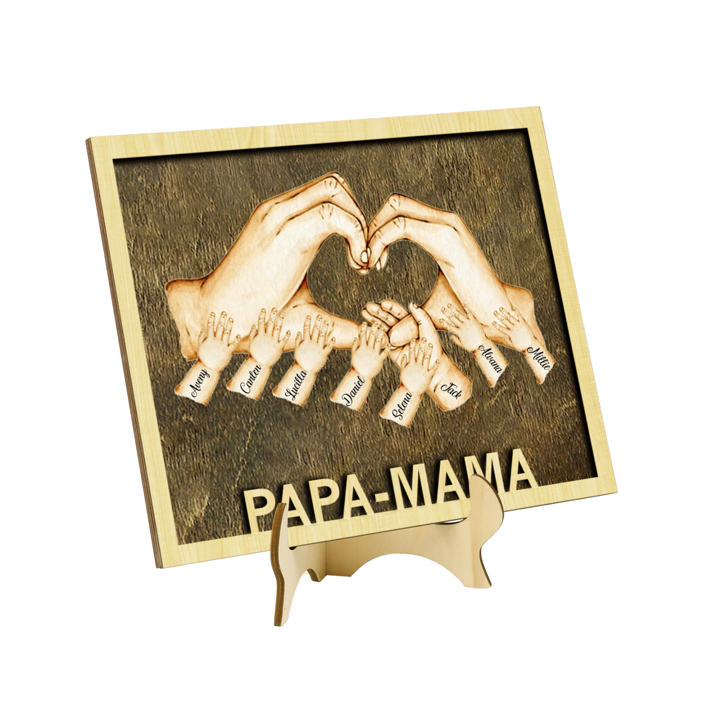 PAPA-MAMA Holz Deko-Personalisierbare 8 Namen Ornament Familie Hand in Hand Holzdekoration für Eltern