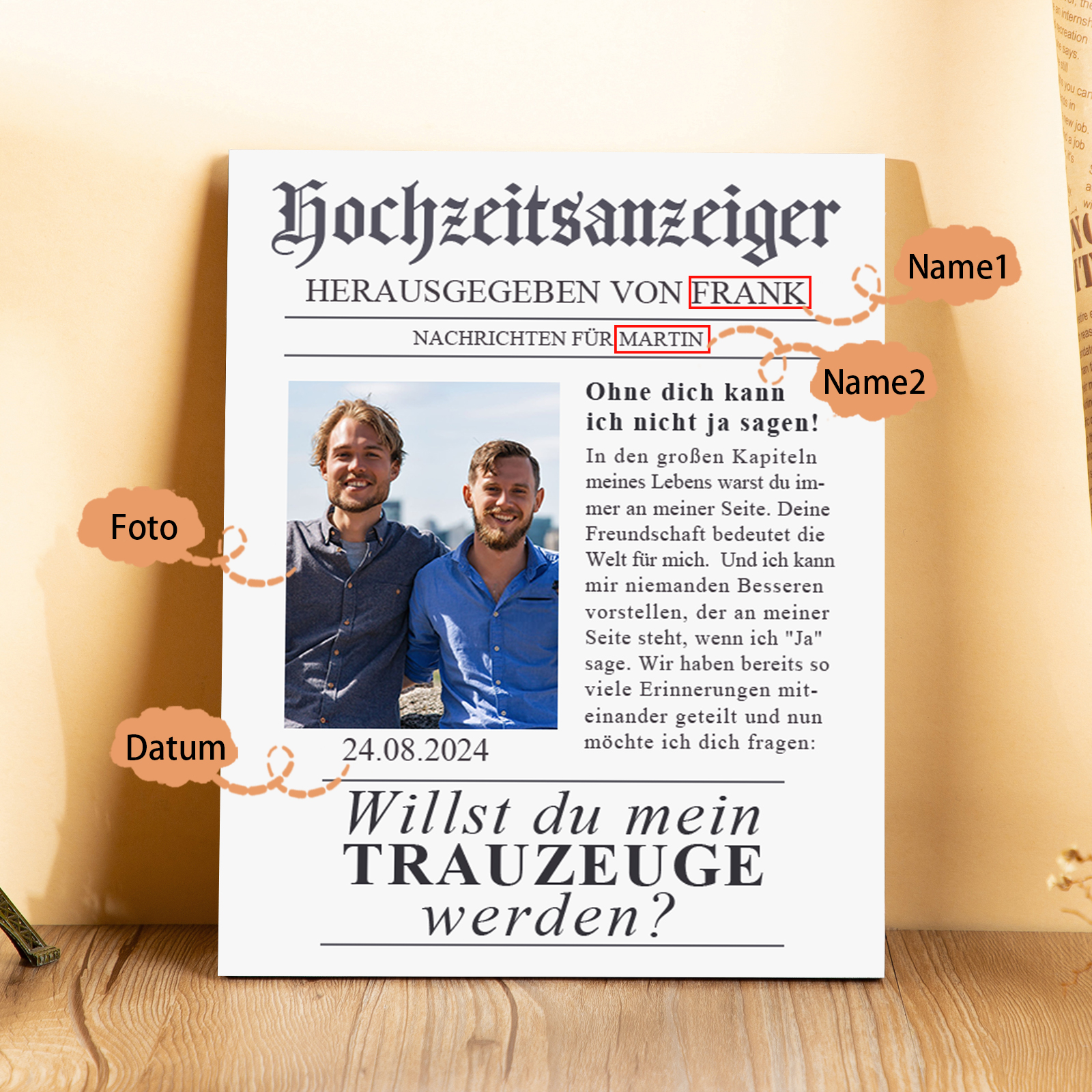Hochzeitsanzeiger Holzbild-Personalisierter Foto & 2 Namen & Datum-Willst du mein Trauzeuge werden-Holzdekoration
