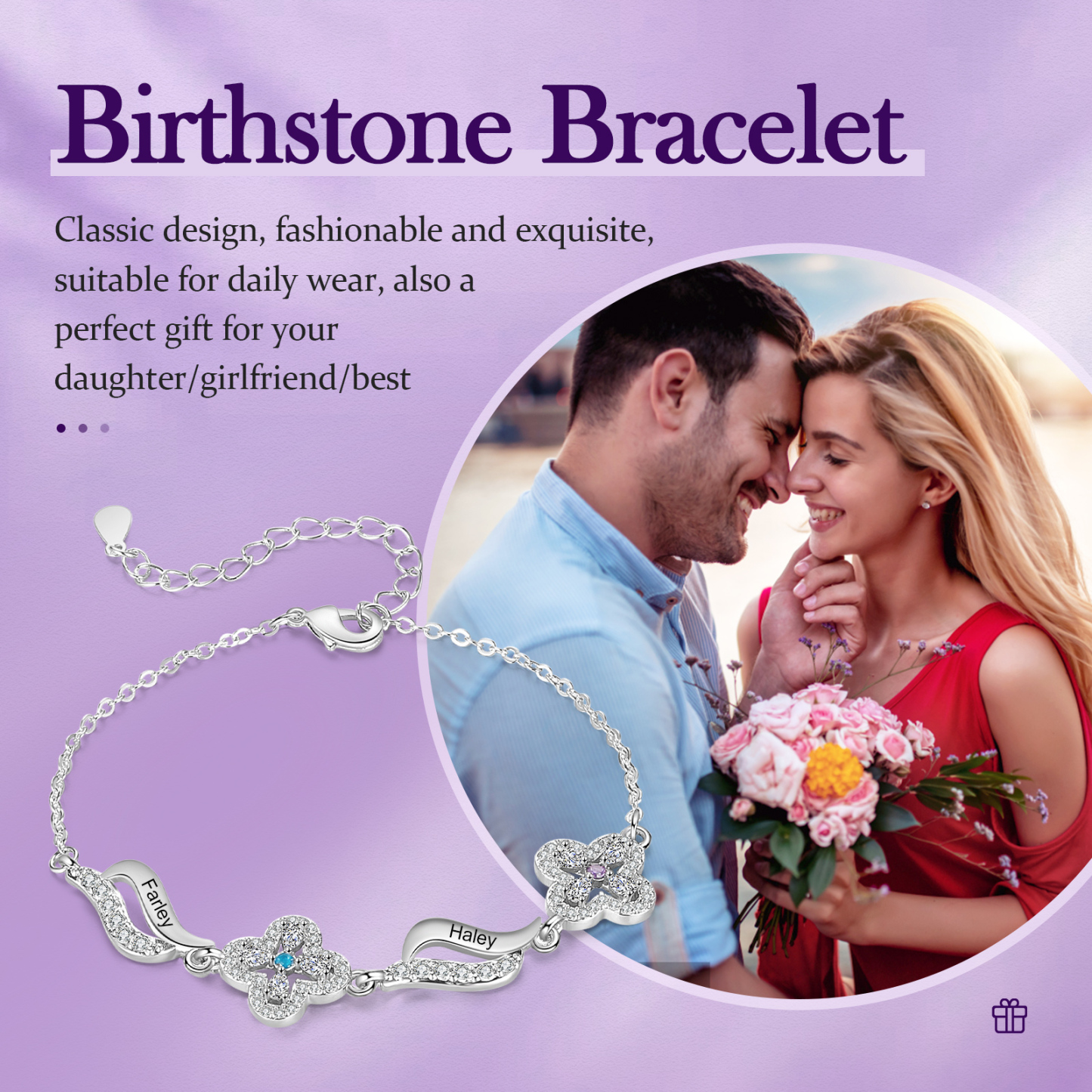 Personalisierte 2 Namen & 2 Geburtssteine Blume Welle Armband mit Zirkonia