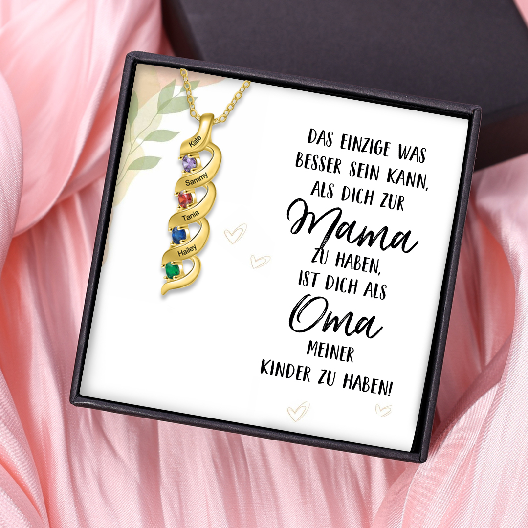 Personalisierte DNA-Halskette mit 2–7 Namen und Geburtssteinen – Mit Gravur „Das Einzige, was besser ist …“ mit Nachrichtenkarte