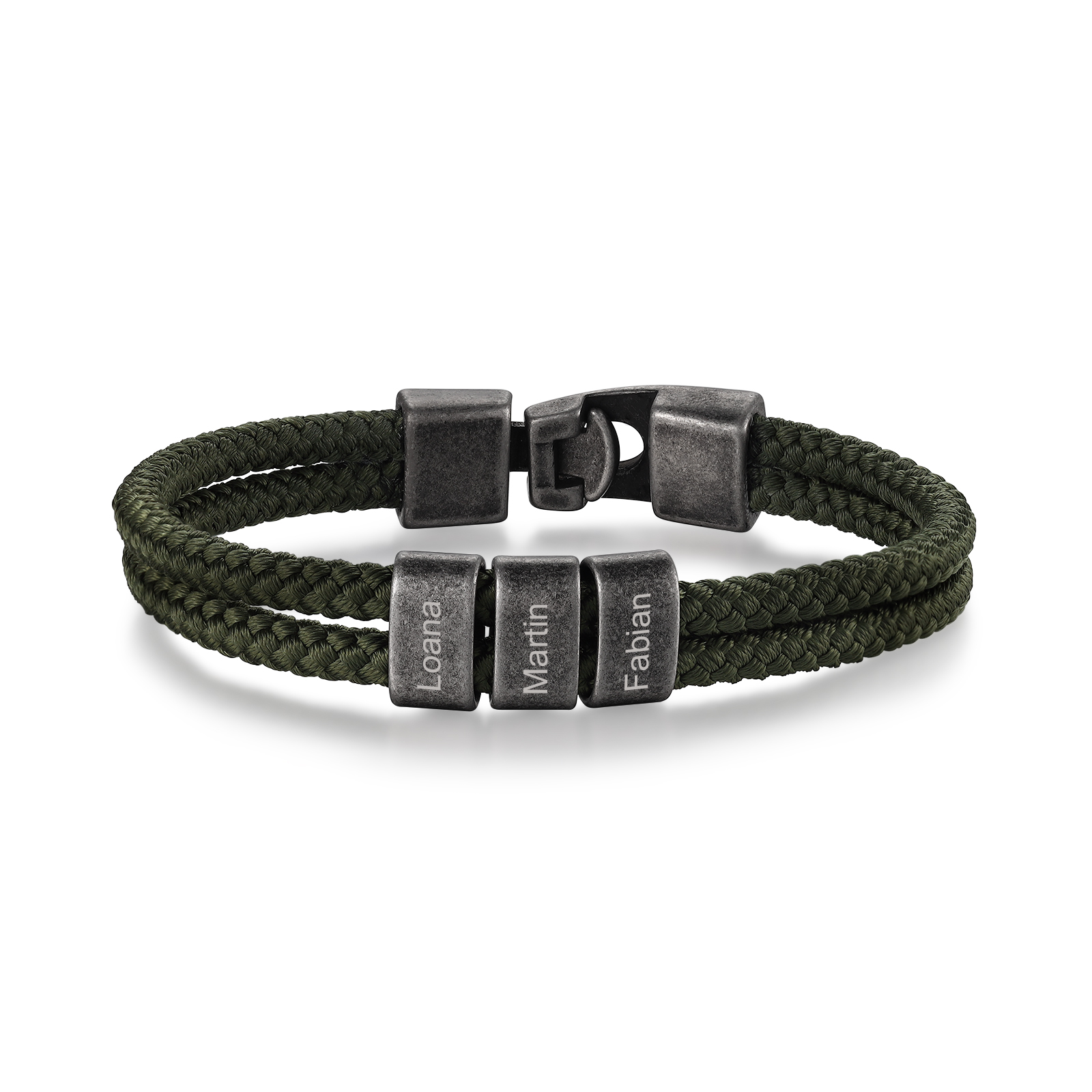 Herren Schmuck-Personalisierte 3 Namen Vintage Edelstahl Perlen Armband mit Schwarz Nylon Kette
