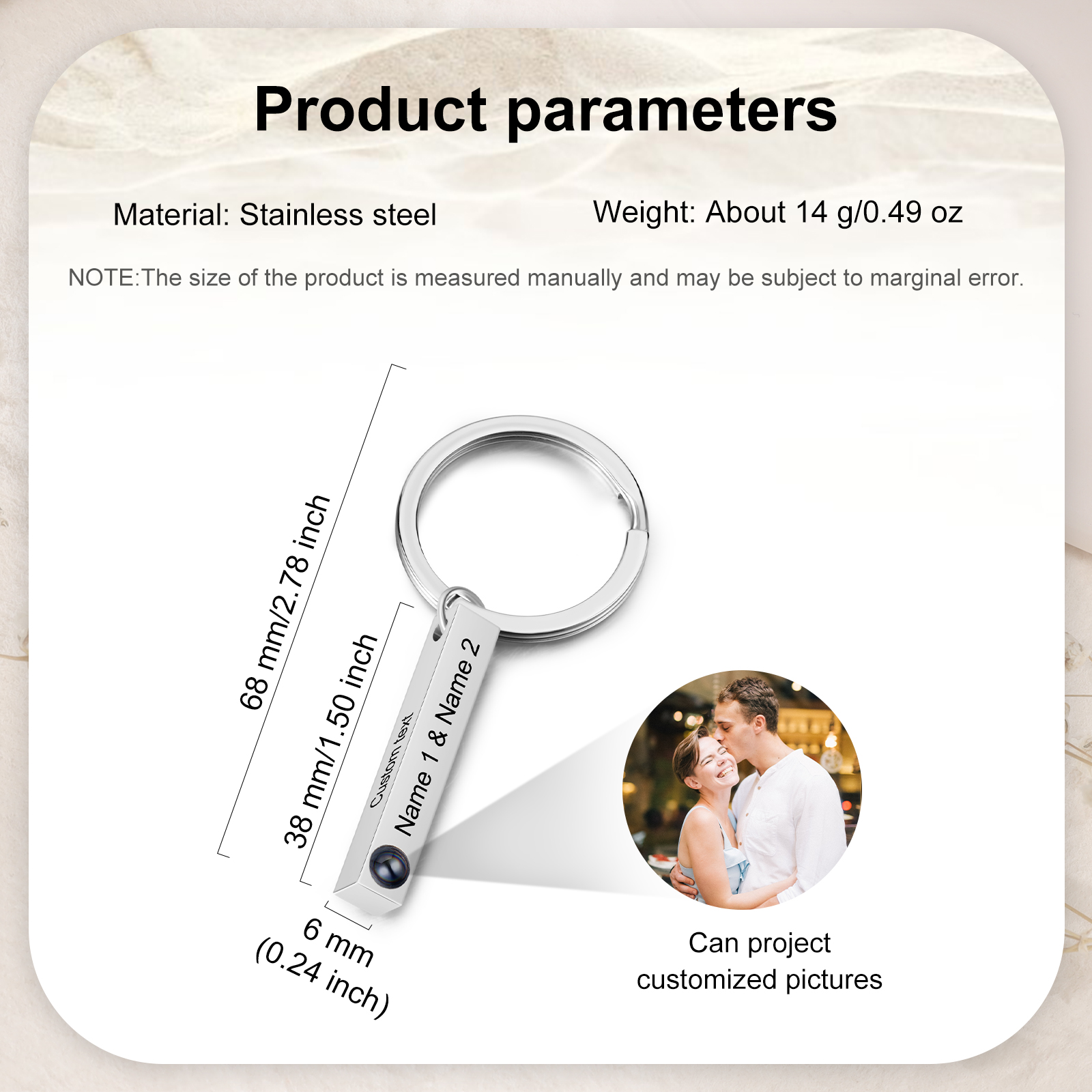 Personalisiertes Foto 4 Texte Projektion Vertikale Bar Schlüsselanhänger