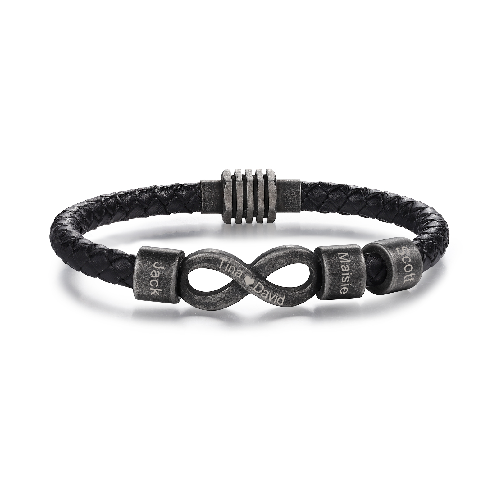 Herren Personalisierte 3 Namen & Text Leder Infinity Armband mit Vintage Edelstahl Perle