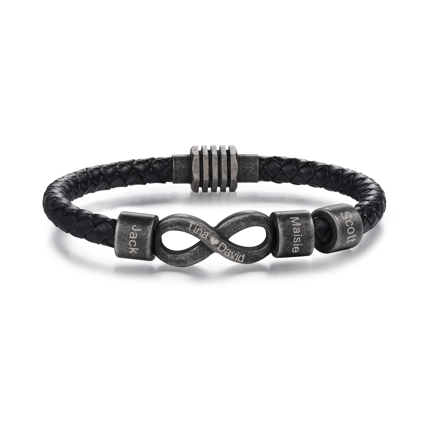 Herren Personalisierte 3 Namen & Text Leder Infinity Armband mit Vintage Edelstahl Perle
