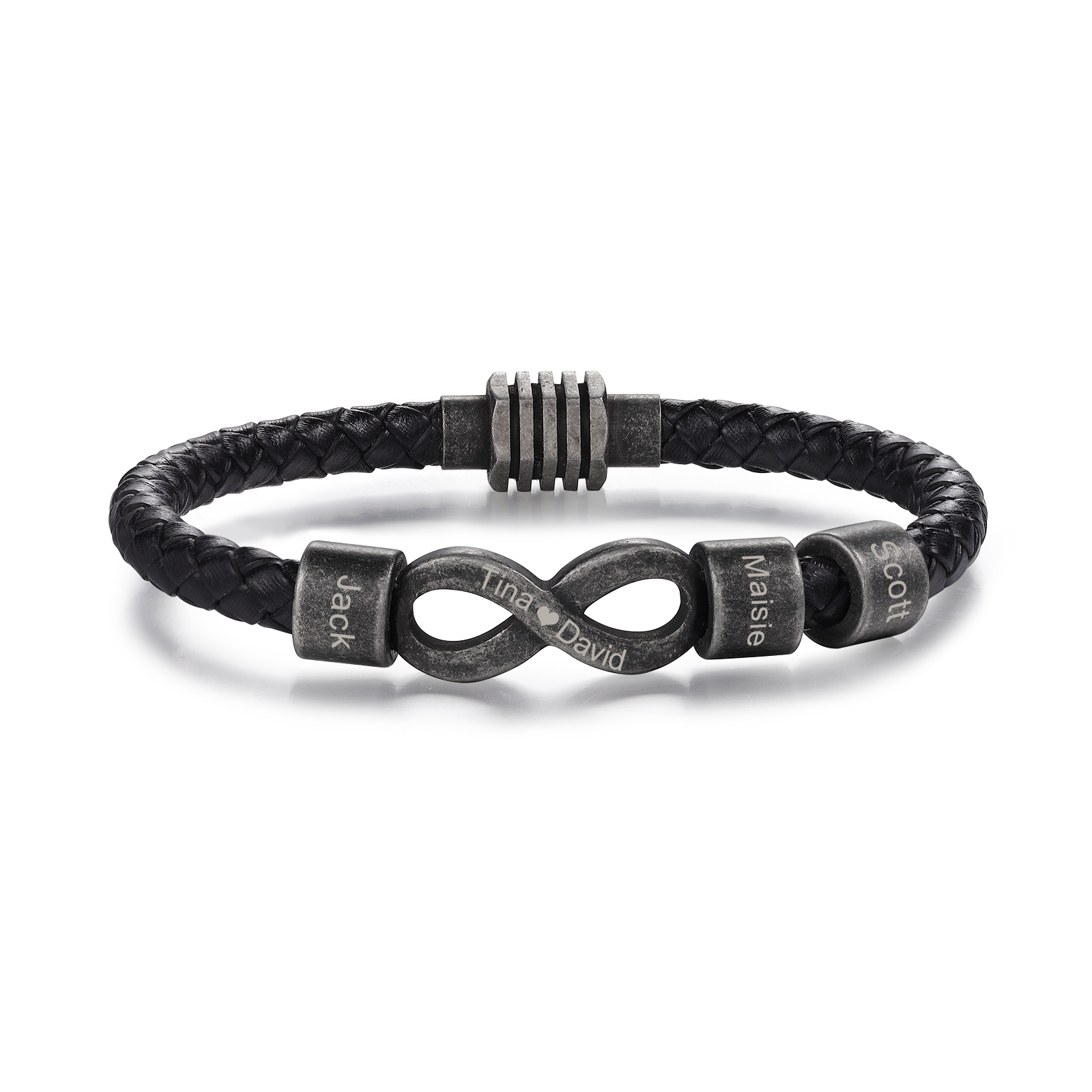 Herren Personalisierte 3 Namen & Text Leder Infinity Armband mit Vintage Edelstahl Perle