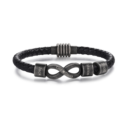 Herren Personalisierte 3 Namen & Text Leder Infinity Armband mit Vintage Edelstahl Perle