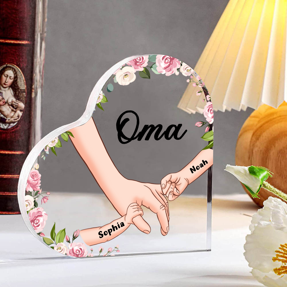 Personalisierte 2 Namen & Text Hand in Hand Acryl-Deko-Schreibtischdekoration für Großmutter