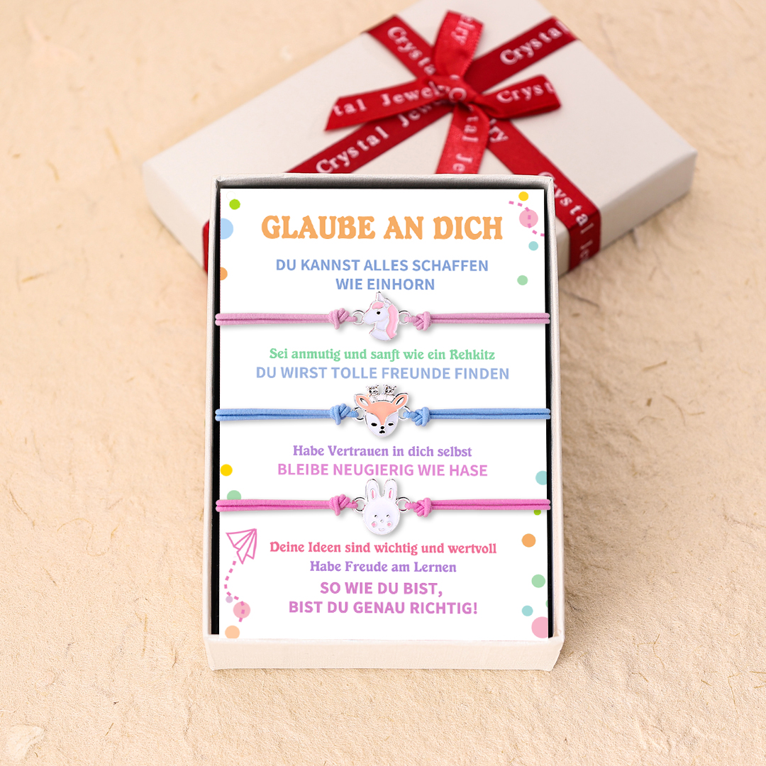 Einhorn & Rehkitz & Hase Gummiband Armbänder Set mit 3 Ketten-Glaube an dich Du kannsst alles Schaffen wie Einhorn-Schulanfang Geschenk mit Nachrichtenkarte