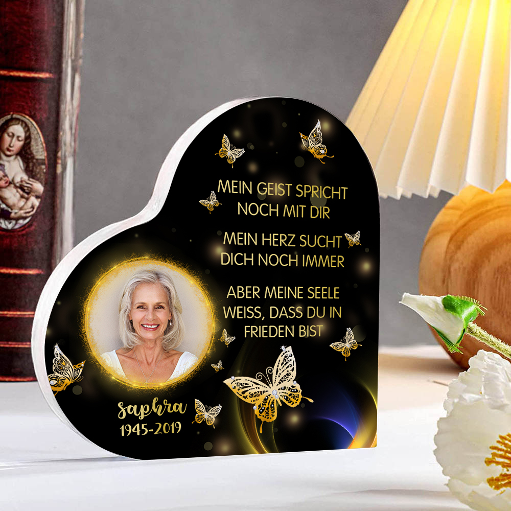 Personalisiertes Foto & Name & Jahr Acryl-Deko-Meine Seele weiß,dass du in Frieden bist-Trauer Schreibtischdekoration