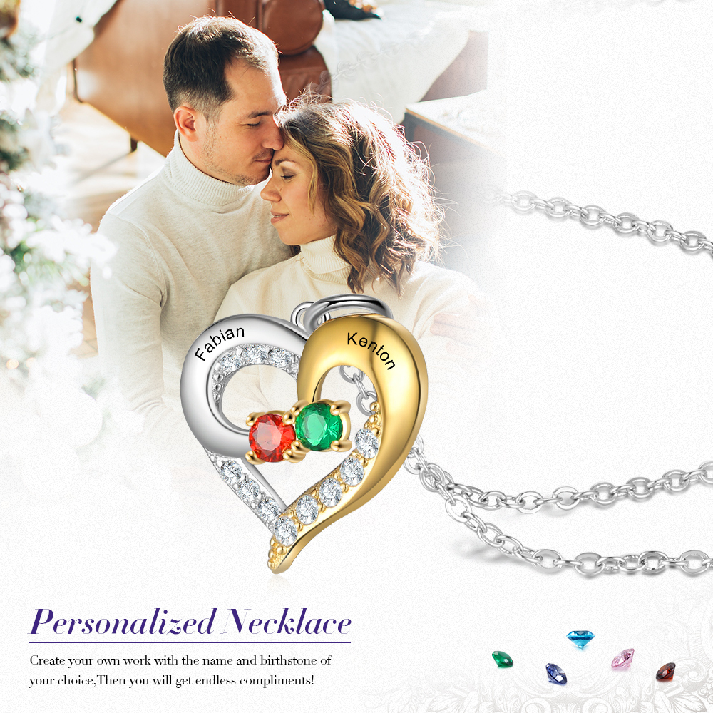 S925 Silber Gravur 2 Namen Herz Halskette mit 2 Geburtssteinen