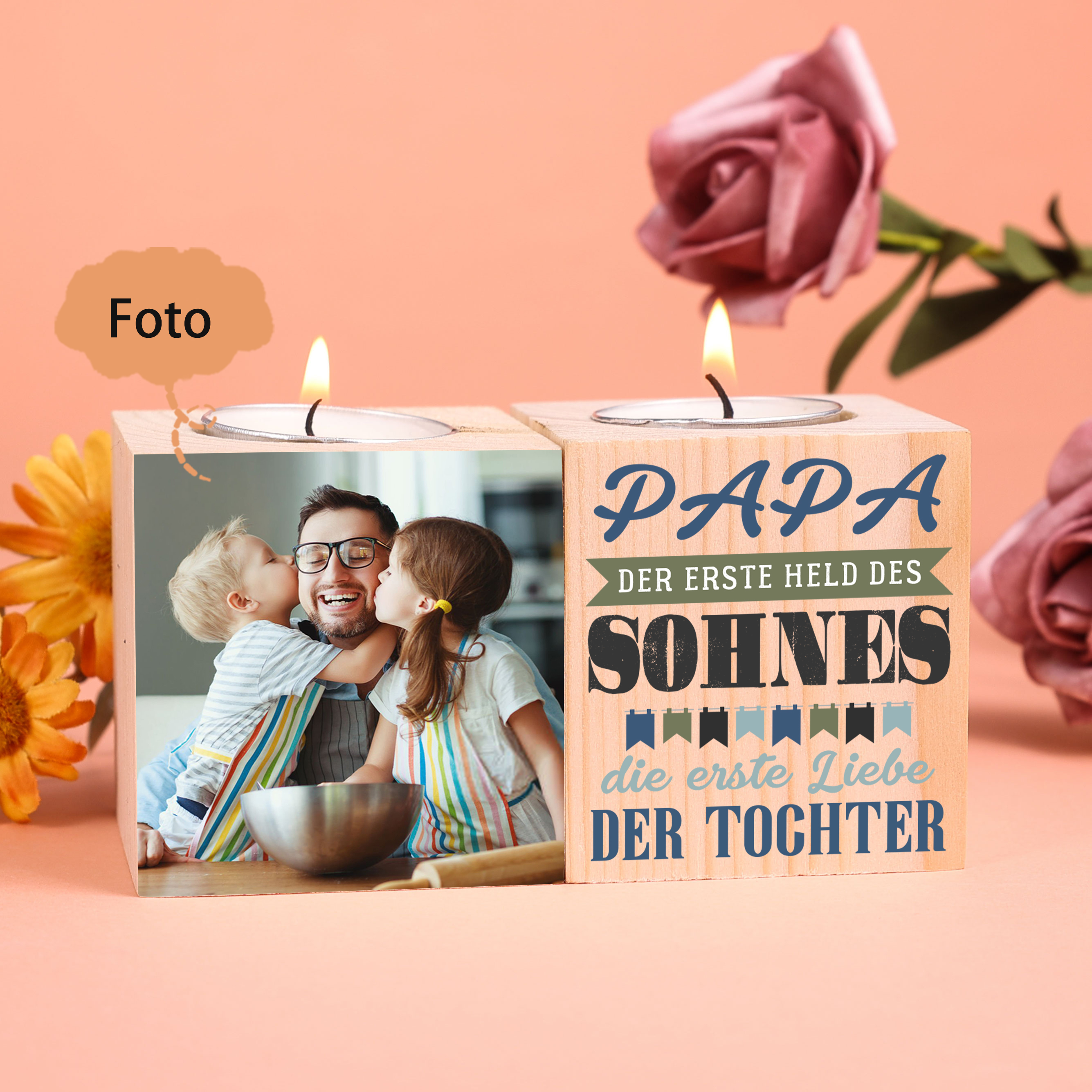 Holz Kompliment Personalisiertes Foto 2 bedruckte Seiten Kerzenhalter-Papa der erste Held des Sohnes, die erste Liebe der Tochter-für Vater