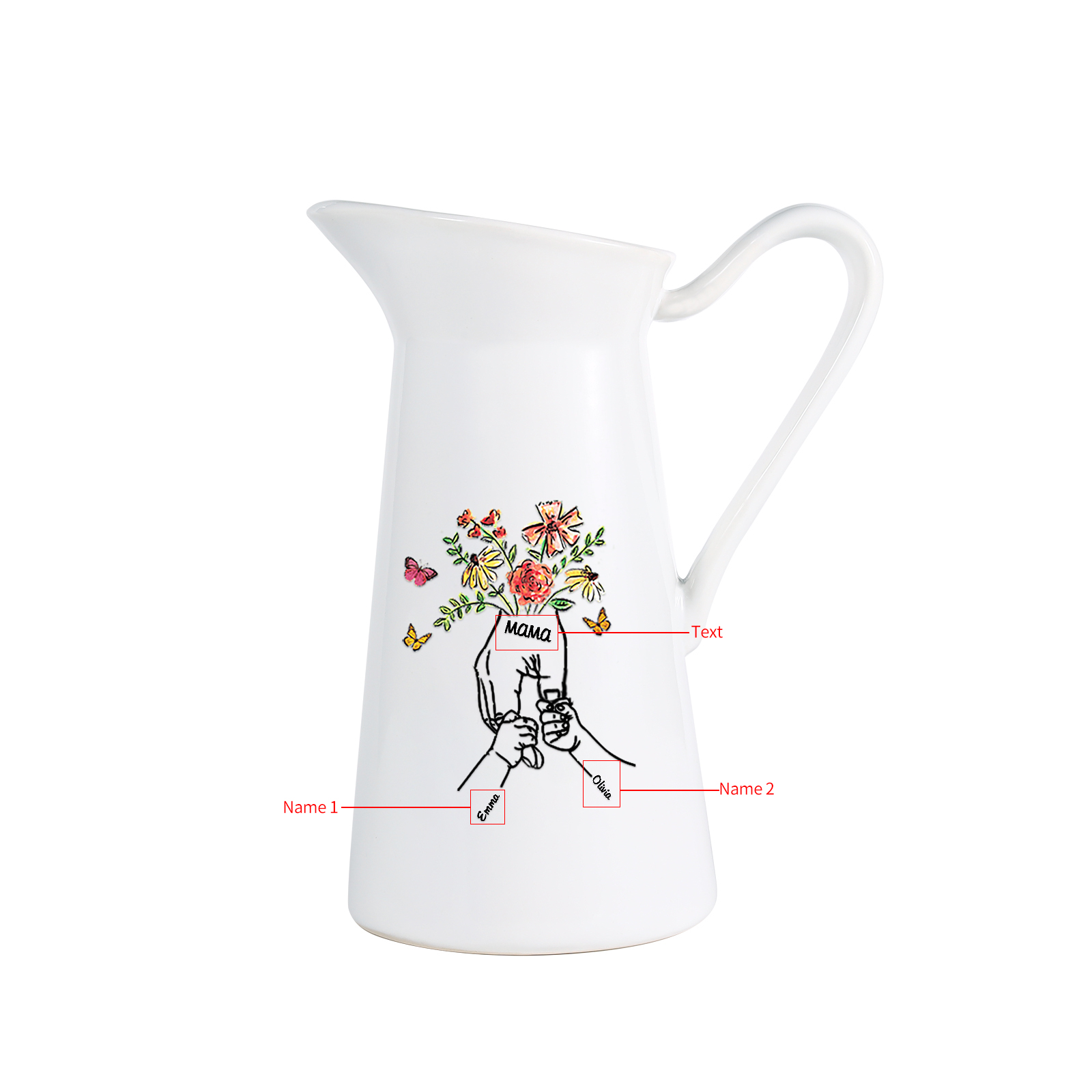 Personalisierte 2 Namen & Text Blumen Hand Gießvase mit Henkel Familie Vase