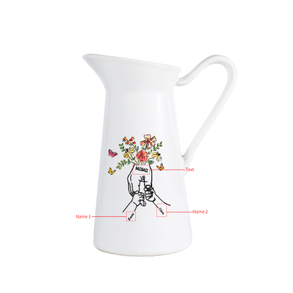 Personalisierte 2 Namen & Text Blumen Hand Gießvase mit Henkel Familie Vase