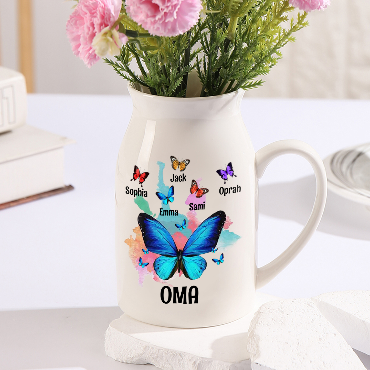 Personalisierte 5 Namen & Text Schmetterling Familie Vase