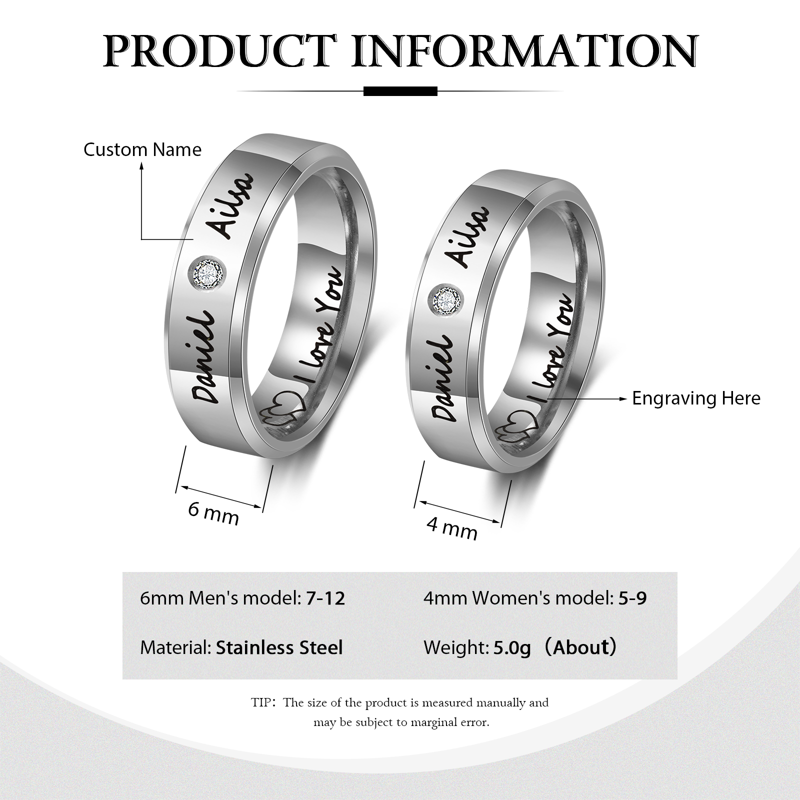 Personalisierter 2 Namen & Text Partnerring Ring mit Zirkonia für Paare