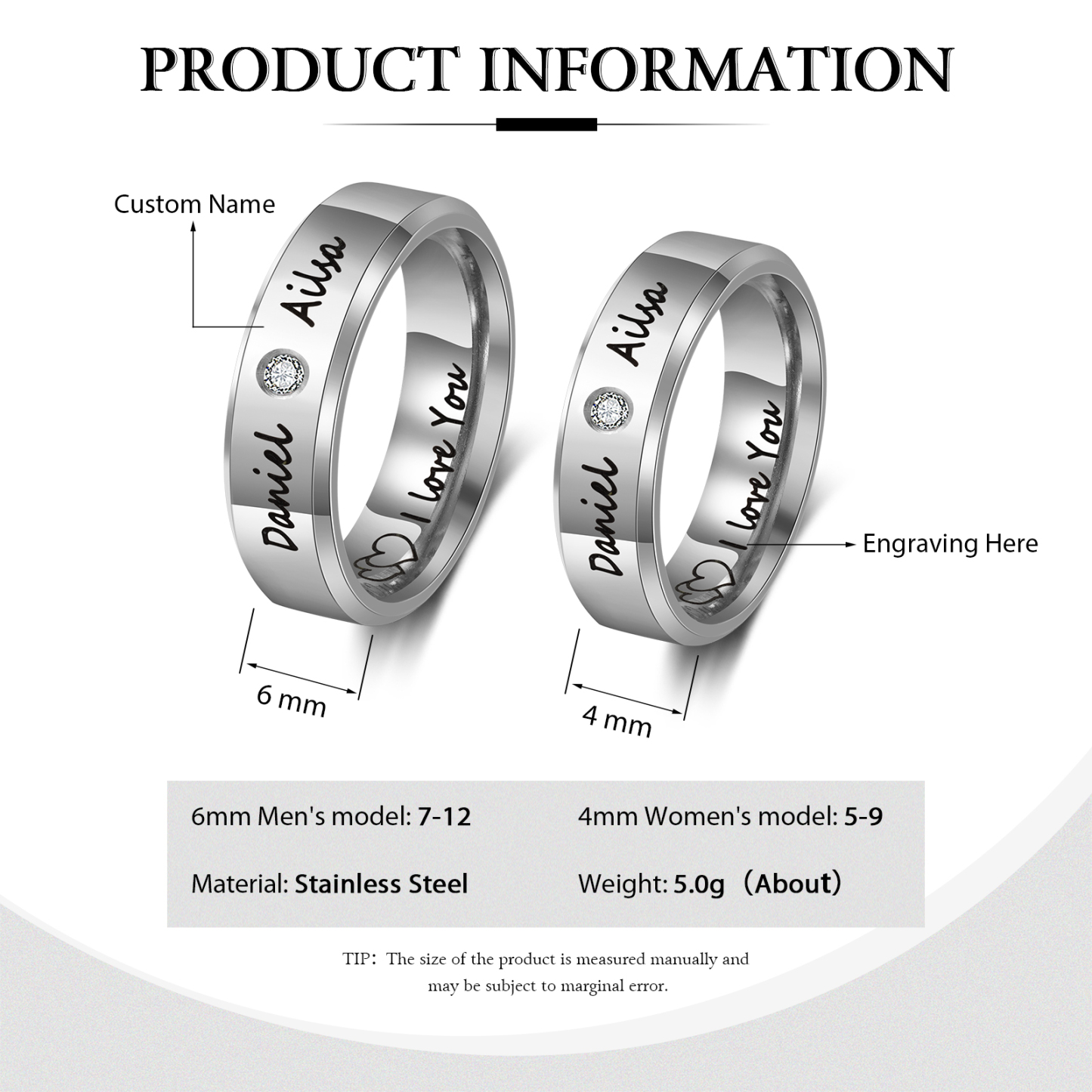 Personalisierter 2 Namen & Text Partnerring Ring mit Zirkonia für Paare