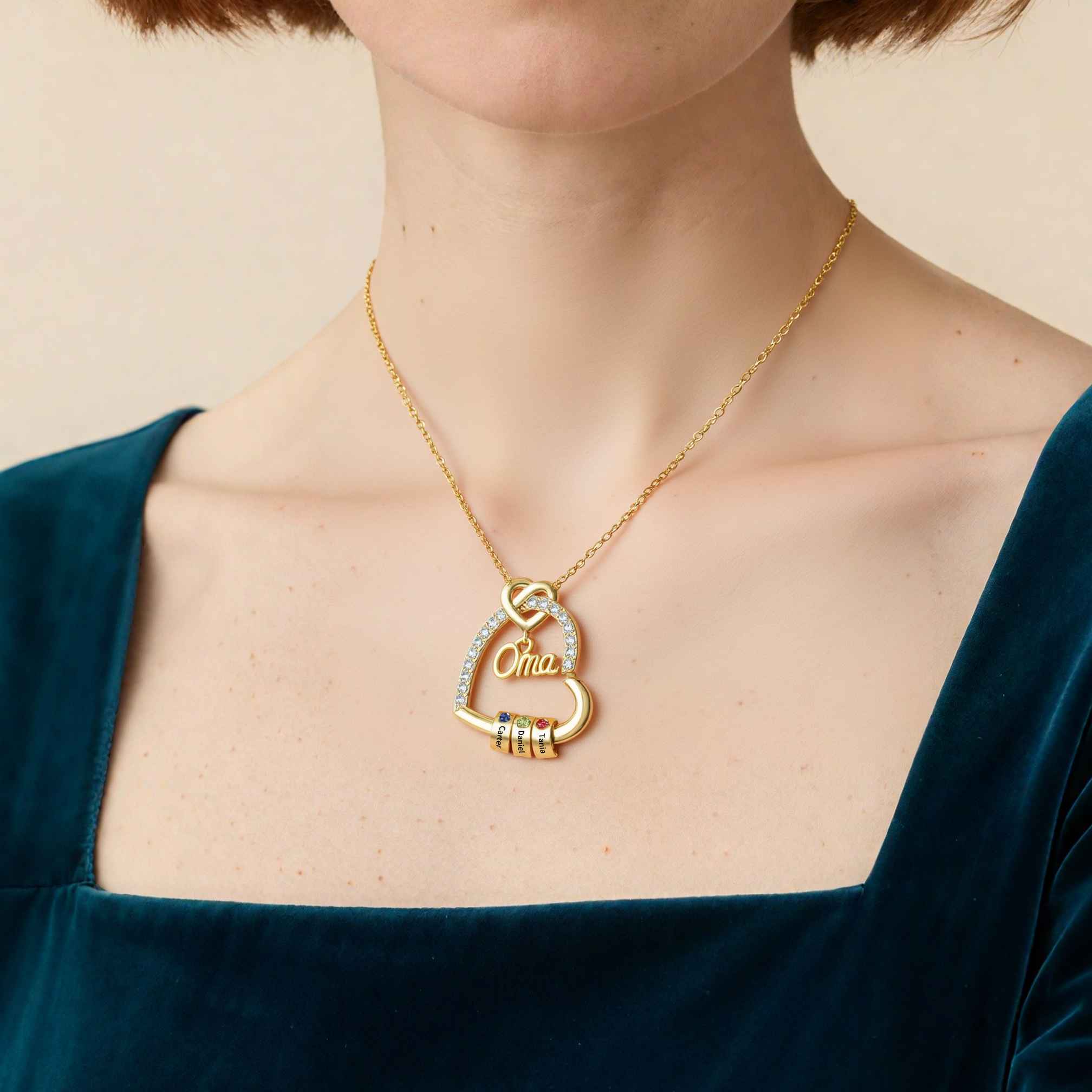 Personalisierte 1 Titel & 1-5 Namen Herz Halskette mit 1-5 Geburtssteinen für Mama/Mutter/Oma-Geschenk Box Set