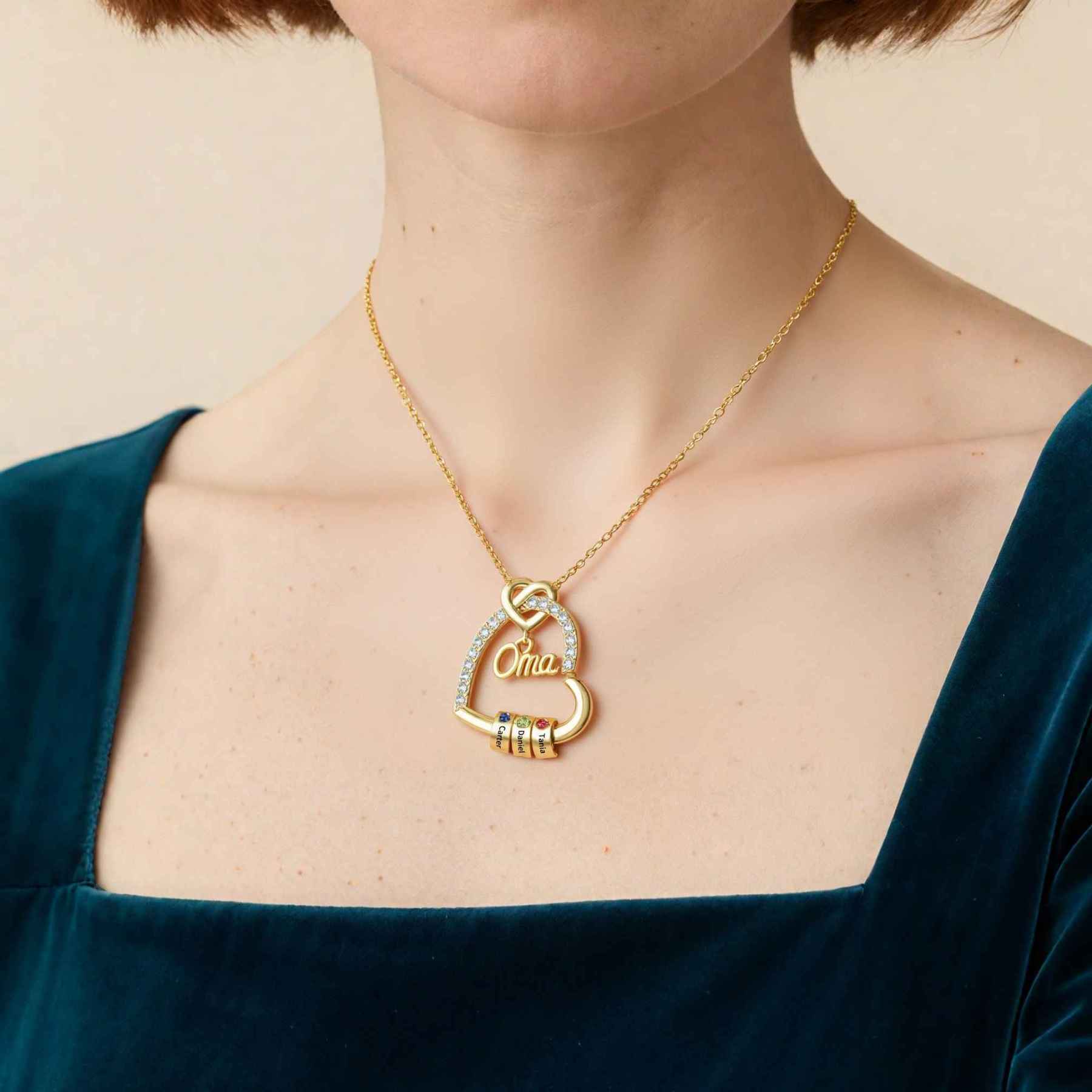 Personalisierte 1 Titel & 1-5 Namen Herz Halskette mit 1-5 Geburtssteinen für Mama/Mutter/Oma-Geschenk Box Set